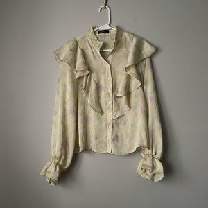 OnTwelfth Women's Yellow Button Down Blouse with Front and Back Ruffle S